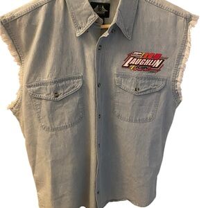 Light Blue Sleeveless Denim Shirt with Embroidered Patch
